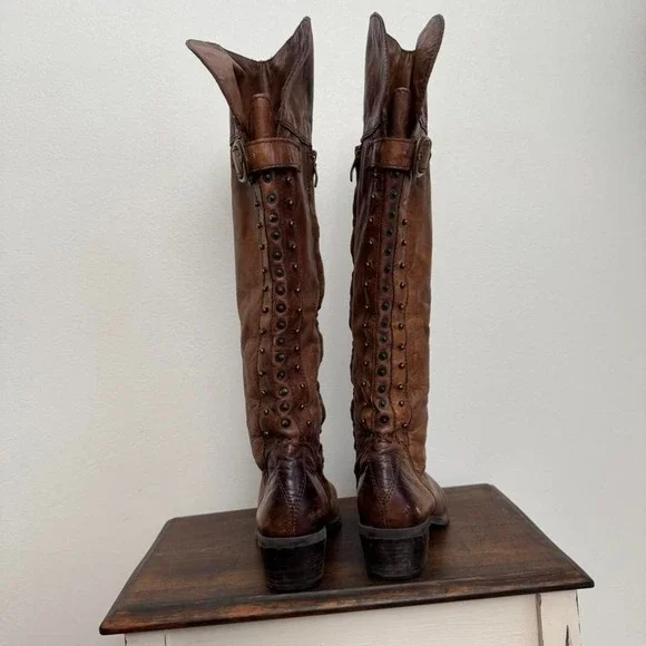 Knee-high brown leather boot buckle size 8.5 boho western riding moto - Picture 4 of 8